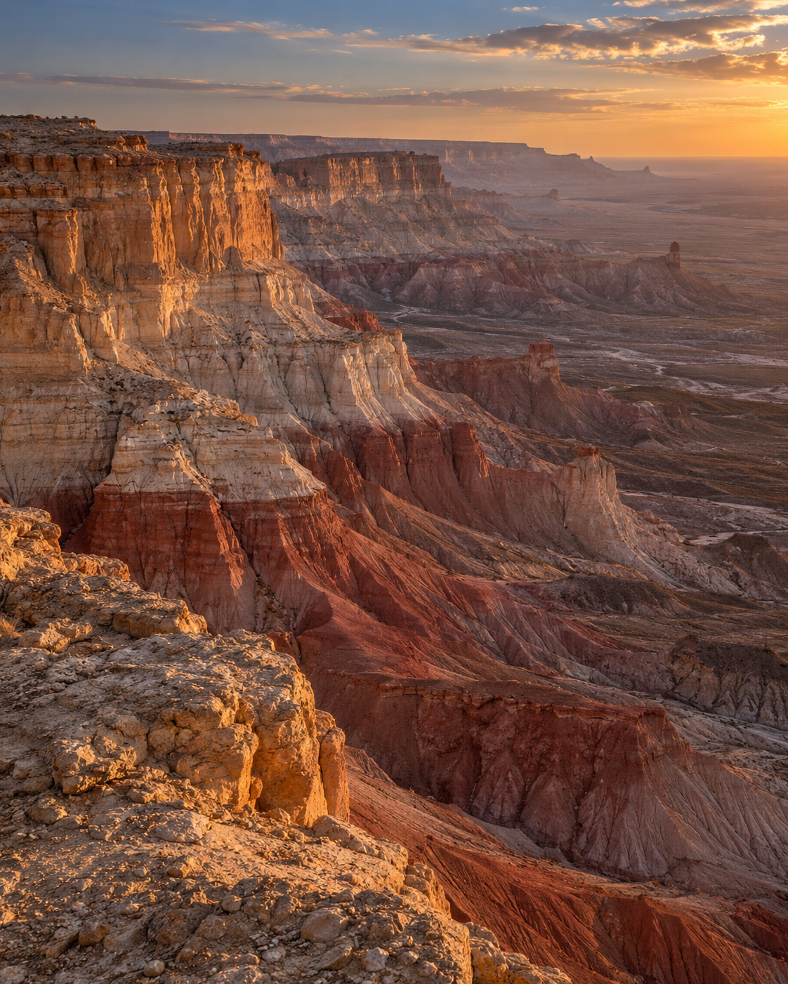 Layered cliffs of Yangykala Canyon at golden hour